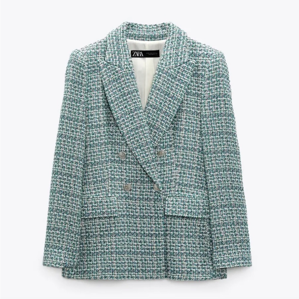 ZARA BUTTONED TEXTURED WEAVE BLAZER  GREE/BLUE SIZE S NEW - Picture 8 of 11